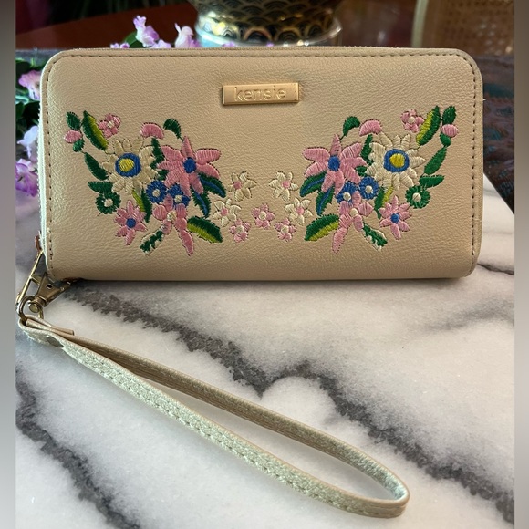 Kenzie Beige Zip-Around Floral Embroidered Wristlet Wallet, colorful flowers - Picture 2 of 9
